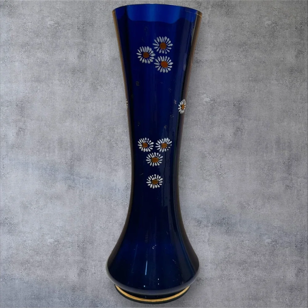 Vintage Cobalt Blue Glass Vase Daisy Flower Design Tall Elegant Home‎ Decor